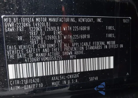 2021 Toyota Rav4 Hybrid Limited z USA, uszkodzony, nr VIN 4T3D6RFV6MU059255